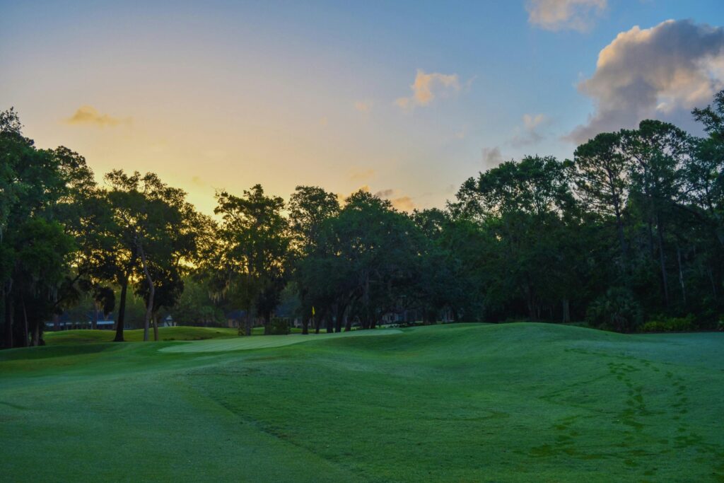 pexels-photo-919335-919335 A serene golf course landscape at sunset in Savannah, GA, showcasing vibrant greens and a colorful sky.